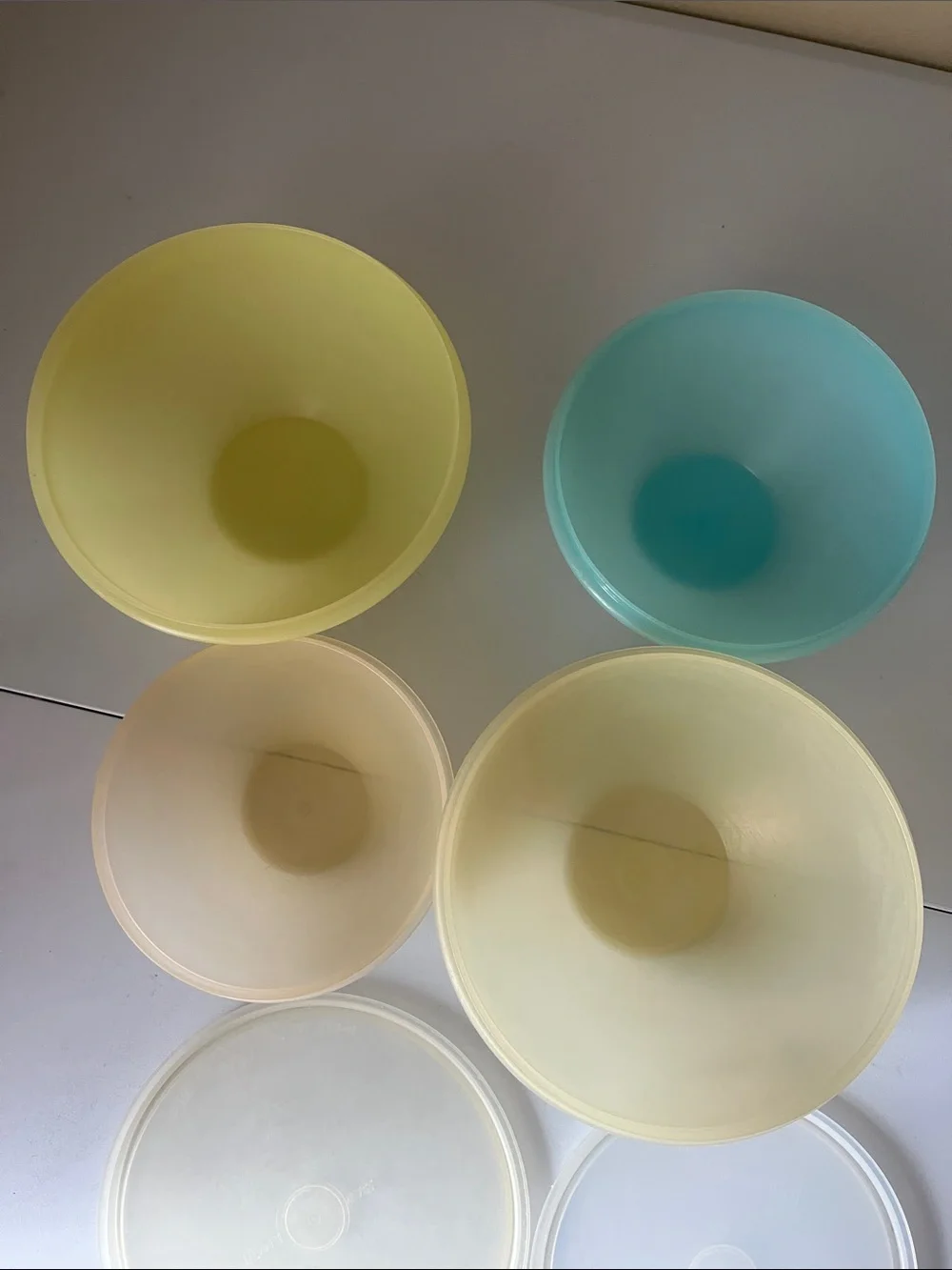 vintage Tupperware Round Food Storage Lids Set in Pale Yellow and Light Blue